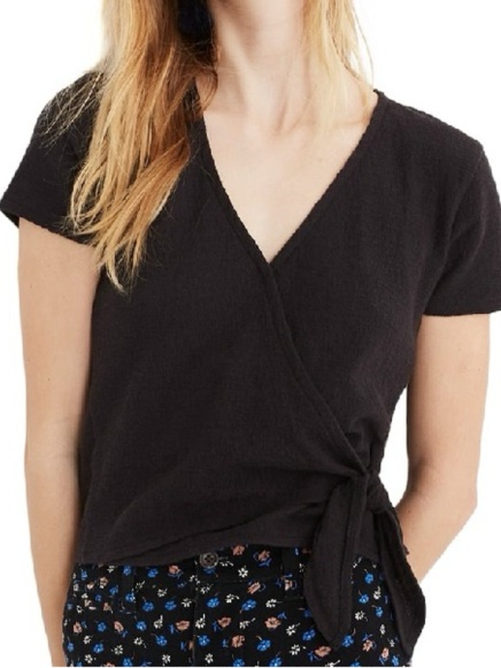 Madewell Texture & Thread Black Short Sleeve Wrap Tie Top